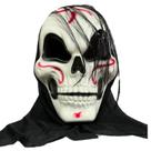 Máscara de caveira assustadora para rosto inteiro com tinta vermelha e cabelo preto em PVC Máscara de caveira assustadora para rosto inteiro com tinta vermelha e cabelo preto em PVC