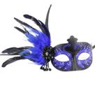 Máscara de máscara com design de glitter azul e preto emplumado