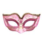 Máscara de meia face de PVC com glitter rosa veneziano com detalhes dourados