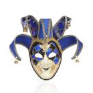 Máscara Jester em PVC com design de arlequim em azul veneziano e dourado