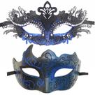 Máscara veneziana preta e azul com brilho elegante de meia face