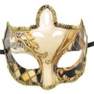 Máscara veneziana preta e dourada com glitter vintage em PVC de meia face