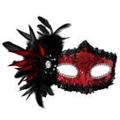 Máscaras de máscaras com lantejoulas emplumadas em PVC vermelho e preto Máscaras de máscaras com lantejoulas emplumadas em PVC vermelho e preto