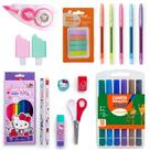 Material Escolar Hello Kitty + 5 Canetas Coloridas Gel + Canetinha com Ponta Pincel - Leo e Leo