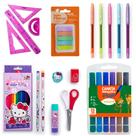 Material Escolar Hello Kitty + Caneta Gel Colorida Gel + Canetinha + Kit Geométrico Flexivel
