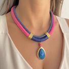 Maxi Colar Fio Corda Rosa e Azul com Detalhes em Alumínio e Cristal