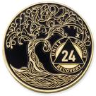 Medalha de Sobriedade Árvore da Vida Torcida de 1 a 50 Anos - Revestimento em Ouro - Cápsulas e Medalhas AA - Medalha de Sobriedade 24 Anos - Preta