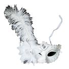 Meia máscara branca de penas com decoração floral e de cristal Meia máscara branca de penas com decoração floral e de cristal