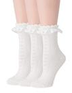 Meias de tornozelo SRYL femininas de renda com babados e algodão, 3 pares, brancas