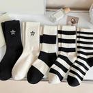 Meias Femininas Respiráveis Com Estampa De Estrelas E Listras, Pacote Com 5 Pares, Preto E Branco,