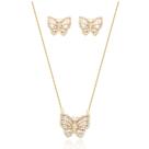Melhor Presente Feminino Colar + Brincos Borboleta Cravejada Banhada Ouro 18k