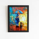 Menina Guarda Chuva Gato Quadro Moldura Preta 60x40cm