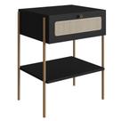 Mesa Cabeceira 1 Gaveta Oslo Artesano 48 cm (largura) MDP Nero Palha Sintética Bege Pé Metal Dourado