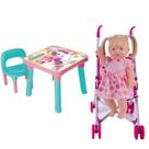 Mesa Cadeira Infantil Unicórnio + Boneca Elisi e Carrinho