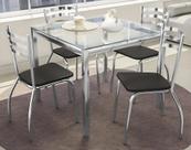Mesa Com 4 Cadeiras Sala de Jantar Tampo de Vidro Metal Cromado Preto