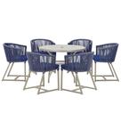 Mesa com 6 Cadeiras de Jantar Roma 120cm e Noronha em Alumínio Fendi Corda Náutica Estofado 10 Trama Original