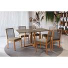 Mesa Cozinha Elma Premium Madeira Maciça c/ Tampo Madeirado c/ Vidro 160x90cm e 6 Cadeiras Lara Carvalho/Freijo Bronze - Boucle Bege-Kappesberg