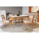 Mesa Cozinha Mira Premium Madeira Maciça c/ Tampo Madeirado c/ Vidro 160x90cm e 6 Cadeiras Alice Carvalho/Off White - Linho Bege Argila-Kappesberg
