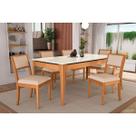 Mesa Cozinha Mira Premium Madeira Maciça c/ Tampo Madeirado c/ Vidro 200x100cm e 6 Cadeiras Alice Carvalho/Off White - Linho Bege Argila-Kappesberg
