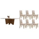 Mesa Cozinha Nevada c/ Tampo Madeirado c/ Vidro Canto Curvo 180x90cm e 6 Cadeiras Dafne Madeira Maciça Naturale/Off White - Capuccino/Suede Creme-Rufa