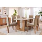 Mesa Cozinha Valentina Tampo Madeirado Oval c/ Vidro 210x100cm e 6 Cadeiras Clarice Cinamomo/Off White - Madeirado/Suede Jo-Cimol