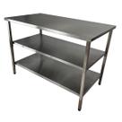Mesa de Aço Inox Industrial 130x60x90 cm com 2 Prateleiras Plano Liso Nortinox