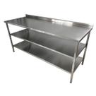 Mesa de Aço Inox Industrial 160x60x90 cm com 2 Prateleiras Plano Liso com Espelho Nortinox