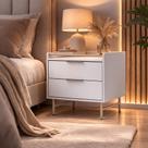 Mesa de Cabeceira 2 Gavetas com LED Yves 53 cm - Branco Fosco c/ Champanhe
