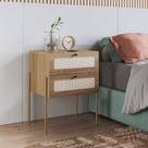Mesa de Cabeceira 2 Gavetas Palhinha Pé Metal Dourado Oslo Marrom Branco