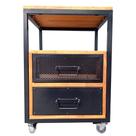 Mesa de Cabeceira Industrial de Ferro Preto e Madeira Cor Castanheira com 2 Gavetas e 4 Rodízios