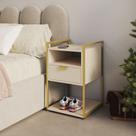 Mesa de Cabeceira Industrial Tókio com Gavetas para Quarto em Ferro Dourado - Tampo Off White