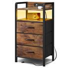 Mesa de Cabeceira Lazzanto para Quarto - mesa de cabeceira com Estação de Carregamento e Fita de Luz LED, Mesa Lateral com Prateleira de Armazenamento e 3 Gavetas de Tecido, Portas USB e Tomadas AC, Marrom Rústico