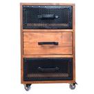 Mesa de Cabeceira Modelo Industrial - Madeira cor Imbuia e Ferro em Preto - Com 3 Gavetas e 4 Rodízios