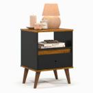 Mesa de Cabeceira Quarto Apoio Lateral Cama Box Casal Estilo Decoração Retrô Ted 1 Gaveta - Preto/Nature