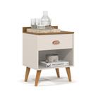 Mesa de Cabeceira Quarto Mesinha Apoio Lateral Cama Box Casal Estilo Decoração Retrô Pérola 1 Gaveta Offwhite/Freijó