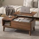 Mesa de centro LYNCOHOME com tampo elevatório, acabamento em nogueira e armazenamento