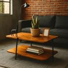 Mesa De Centro Moderna Retangular Madeira Maciça Imbuia Pés Ferro Preto Para Sala Quarto Funcional