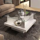 Mesa de Centro Tampo Vidro Base em Tamburato 50mm Clear Branco Off White