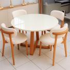 Mesa de Jantar 115cm Redonda c/ Tampo de Vidro e 4 Cadeiras em Madeira Natural