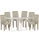 Mesa de jantar 160 cm Rubi com Vidro Off White e 6 Cadeiras Amanda Imbuia Veludo Nude New Ceval