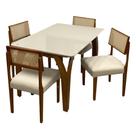 Mesa de Jantar Agata 135x90cm com Vidro e 4 Cadeiras Grecia em Linho Madeira Lj Móveis Cor Cinamomo Off White com Tecido Bege