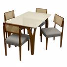Mesa de Jantar Agata 135x90cm com Vidro e 4 Cadeiras Grecia em Linho Madeira Lj Móveis Cor Cinamomo Off White com Tecido Cinza