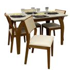 Mesa de Jantar Agata 135x90cm com Vidro e 4 Cadeiras Oiti em Linho Madeira Lj Móveis Cor Cinamomo Off White com Tecido Bege