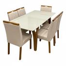 Mesa de Jantar Agata 180x90cm com Vidro e 6 Cadeiras California em Linho Estofadas Lj Móveis Cor Cinamomo Off White com Tecido Bege