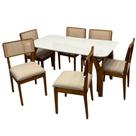 Mesa de Jantar Agata 180x90cm com Vidro e 6 Cadeiras Canada em Linho Madeira Lj Móveis Cor Cinamomo Off White com Tecido Bege
