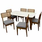 Mesa de Jantar Agata 180x90cm com Vidro e 6 Cadeiras Canada em Linho Madeira Lj Móveis Cor Cinamomo Off White com Tecido Cinza