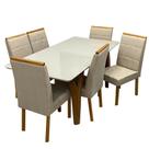 Mesa de Jantar Agata 180x90cm com Vidro e 6 Cadeiras Giulia em Linho Estofadas Lj Móveis Cor Cinamomo Off White com Tecido Bege