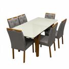 Mesa de Jantar Agata 180x90cm com Vidro e 6 Cadeiras Jasmim em Veludo Estofadas Lj Móveis Cor Cinamomo Off White com Tecido Cinza