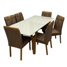 Mesa de Jantar Agata 180x90cm com Vidro e 6 Cadeiras Jasmim em Veludo Estofadas Lj Móveis Cor Cinamomo Off White com Tecido Marrom