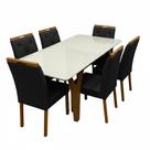 Mesa de Jantar Agata 180x90cm com Vidro e 6 Cadeiras Jasmim em Veludo Estofadas Lj Móveis Cor Cinamomo Off White com Tecido Preto